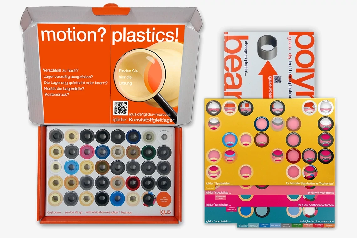 Boîte d&#x27;échantillons iglidur improves (en anglais) avec pochoirs et catalogue paliers lisses (en anglais)