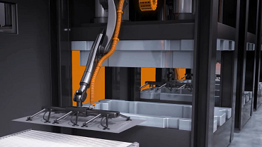 Industrial robots with e-chains in the press plant