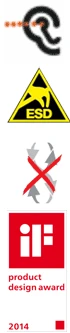 sound, ESD, torsional rigidity, & iF-Design prize symbols