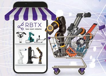 Einkaufswagen mit Roboterteilen und Tablet