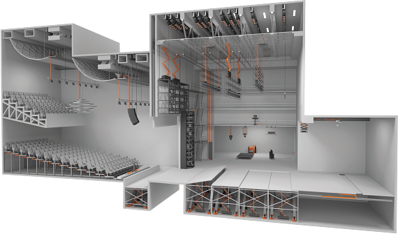 3D still of stage technology in a theater