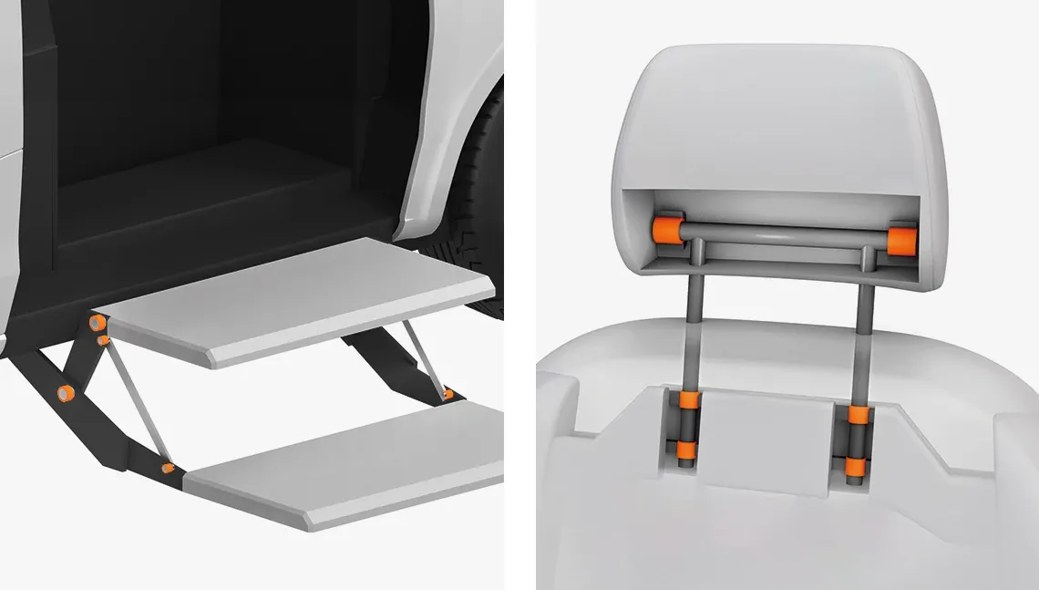 Plain bearing in step and headrest