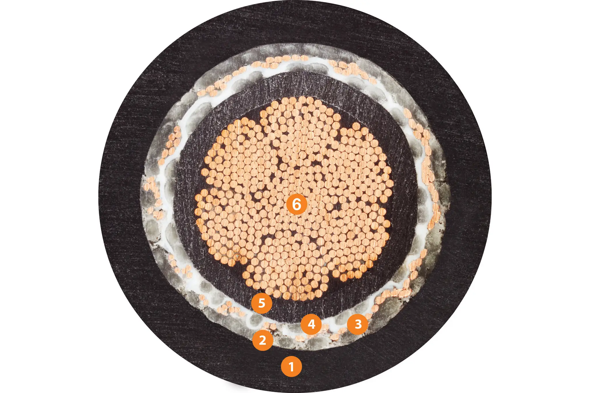 1. Mit Druck extrudierte, flammwidrige TPE-Mischung
2. Extrem torsionsbeständige Umwicklung aus verzinnten Kupferdrähten
3. Gleitende PTFE-Folie
4. Baumwollfäden über der Ader und unter dem Gesamtschirm
5. Mechanisch hochwertige TPE-Mischung
6. Leiterseil in besonders biegebeständiger Ausführung aus blanken Kupferdrähten