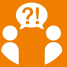 Icon mit zwei Personen und einer Sprechblase mit Frage- und Ausrufezeichen – steht für individuelle Beratung und Klärung von Fragen rund um Ihr Landstromprojekt; jetzt Experten kontaktieren