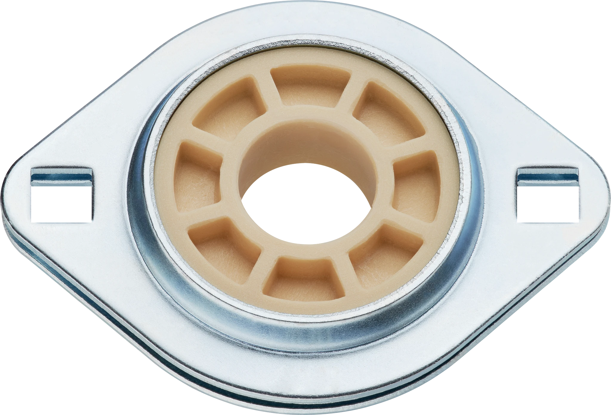 Low-cost fixed flange bearing with sheet metal housing