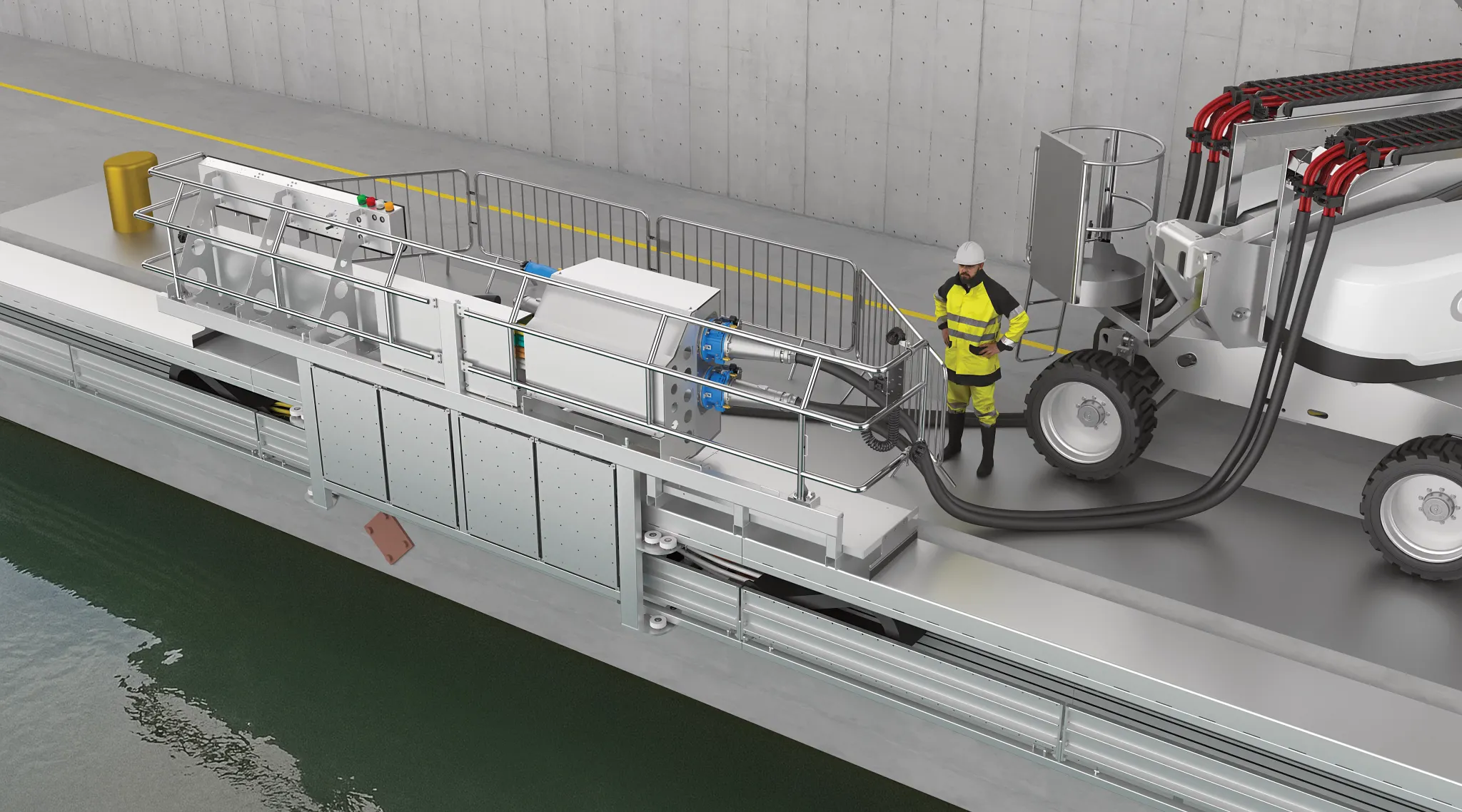 Auf dem Bild ist eine Kaimauer zu sehen. Im Hintergrund sieht man ein Containerschiff am Kai, das gerade von mehreren Kranen entladen wird. An der Kaimauer entlang ist eine gelbe Struktur montiert. Hierbei handet es sich um eine an der Kaimauer entlang montierte Landstromlösung - die iMSPO QF. 