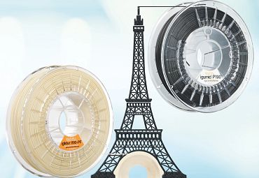 Modellbau-Objekt Eiffelturm und 3D-Druck-Filamente