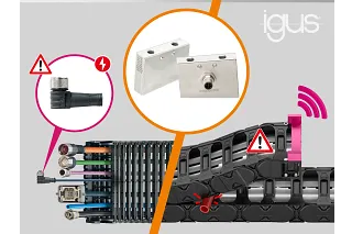 Visual mit igus-Logo: In der Mitte sind zwei metallische DMS‑Kraftsensor‑Blöcke (Sensorblockset) dargestellt. Links sieht man Steckverbinder und Leitungen; ein Warnsymbol und ein Blitz verweisen auf mögliche Leitungs- bzw. Kontaktfehler. Rechts ist eine Energiekette mit Warnsymbol und Funkwellen abgebildet, die eine Überwachung/Diagnose signalisieren. Das Bild erklärt die Herbstneuheit „DMS‑Kraftsensoren“: Neben der Kraftüberwachung erkennt die neue Sensorgeneration zusätzlich Leitungsbruch und Kontaktprobleme zur schnelleren Fehlersuche und weniger Stillstand.
