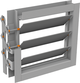 A multi-leaf HVAC damper with bearings highlighted in orange, showing where they are used in the damper