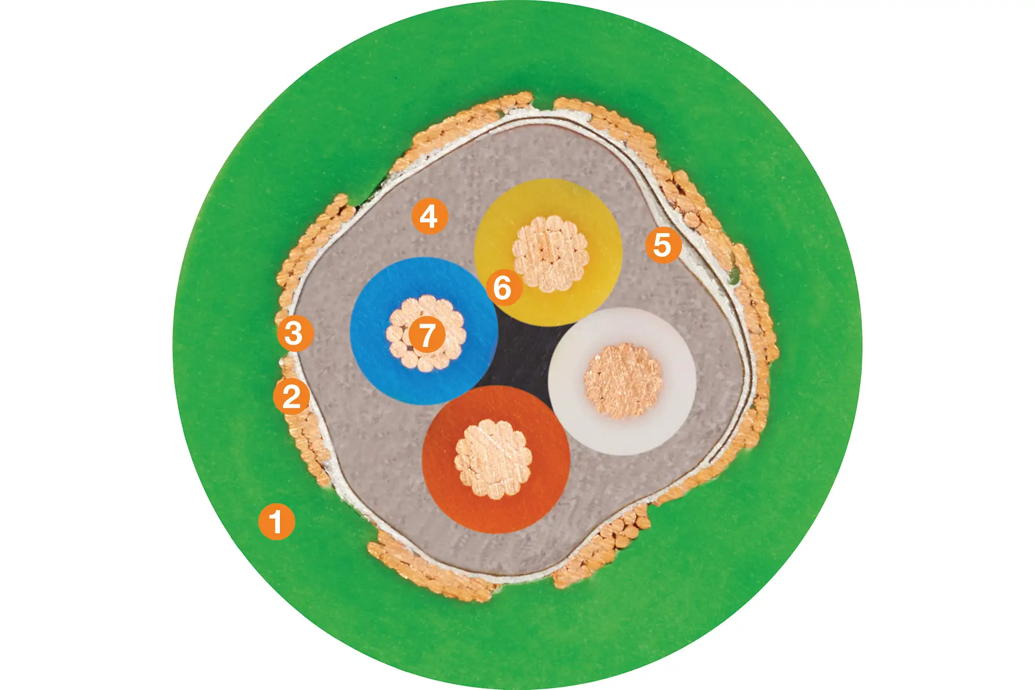 1. Outer jacket: pressure extruded, flame-retardant TPE mixture Overall shield: extremely flexible braiding made of tinned copper wires 3. Shield film: aluminium-coated plastic foil 4. Inner jacket: pressure-extruded, gusset-filling TPE mixture 6. Core insulation: mechanically high-quality TPE mixture (according to bus specification) 7. Conductor: fine-wire strand in especially bending-stable version consisting of bare copper wires<br /> 