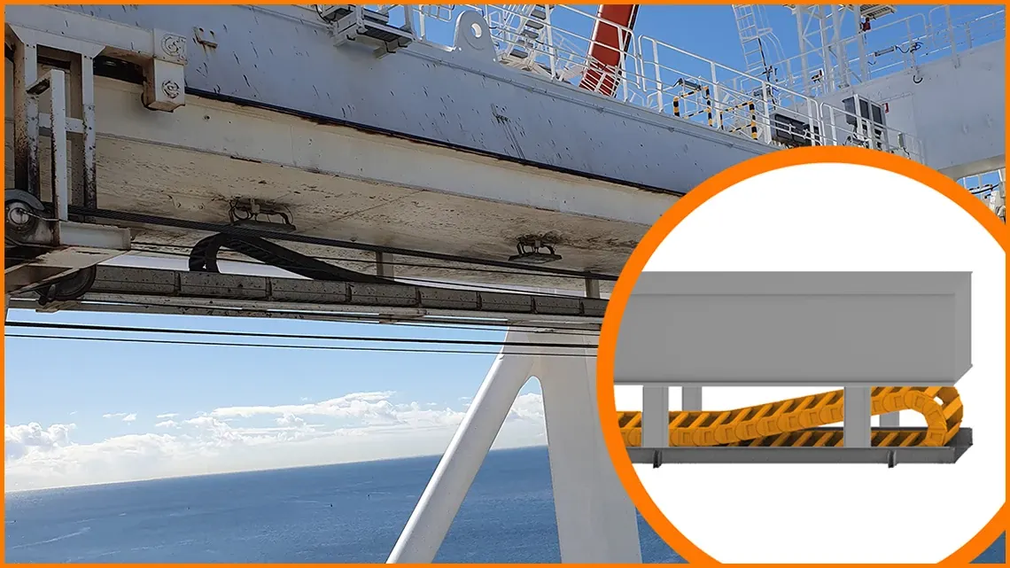 Instalación de la cadena portacables debajo de la viga de la grúa