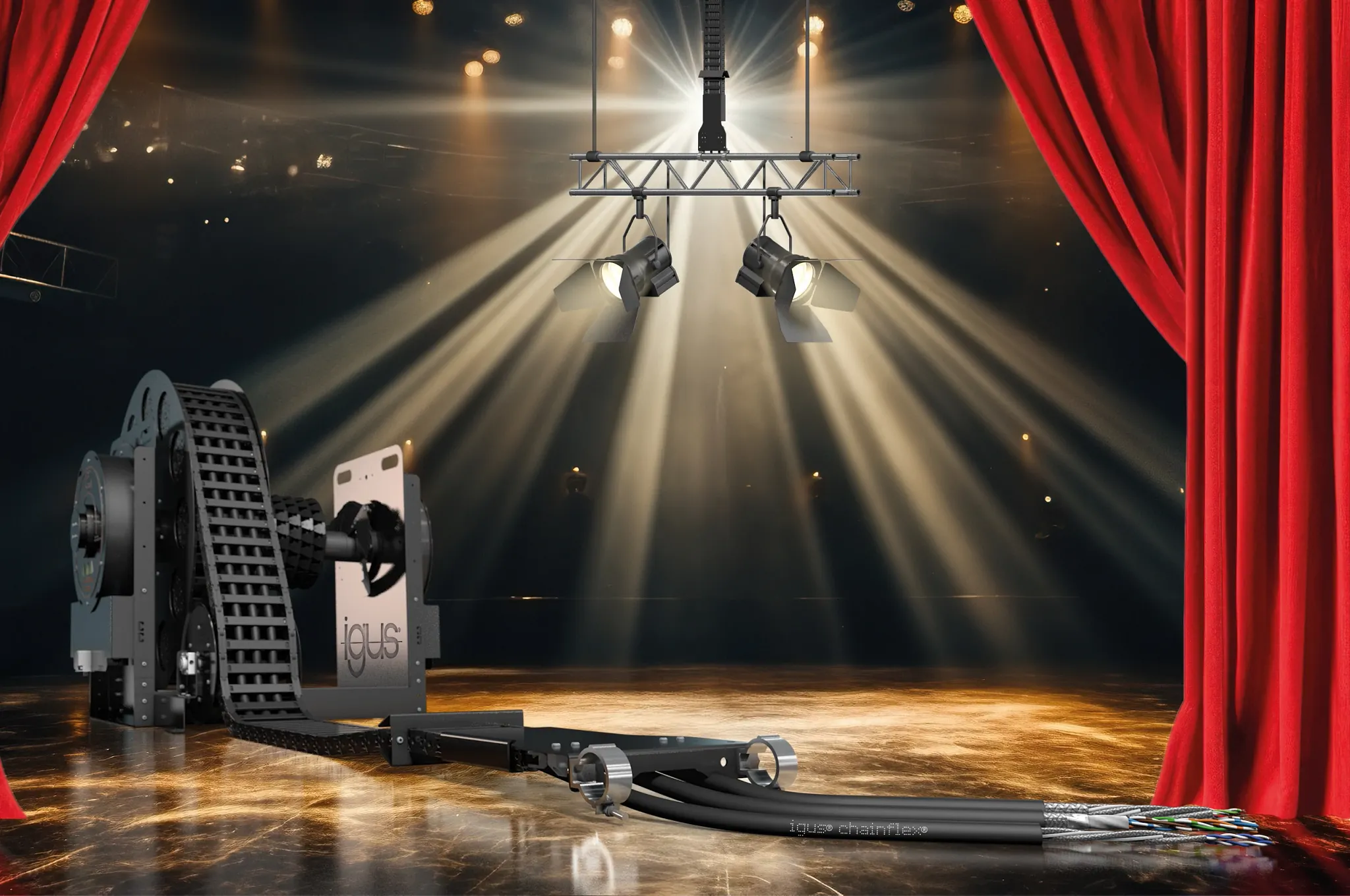 Mit der chainflex Serie CFSPECIAL.381 bietet igus neue Leitungen für die speziellen Anforderungen der bewegten Theater- und Bühnentechnik