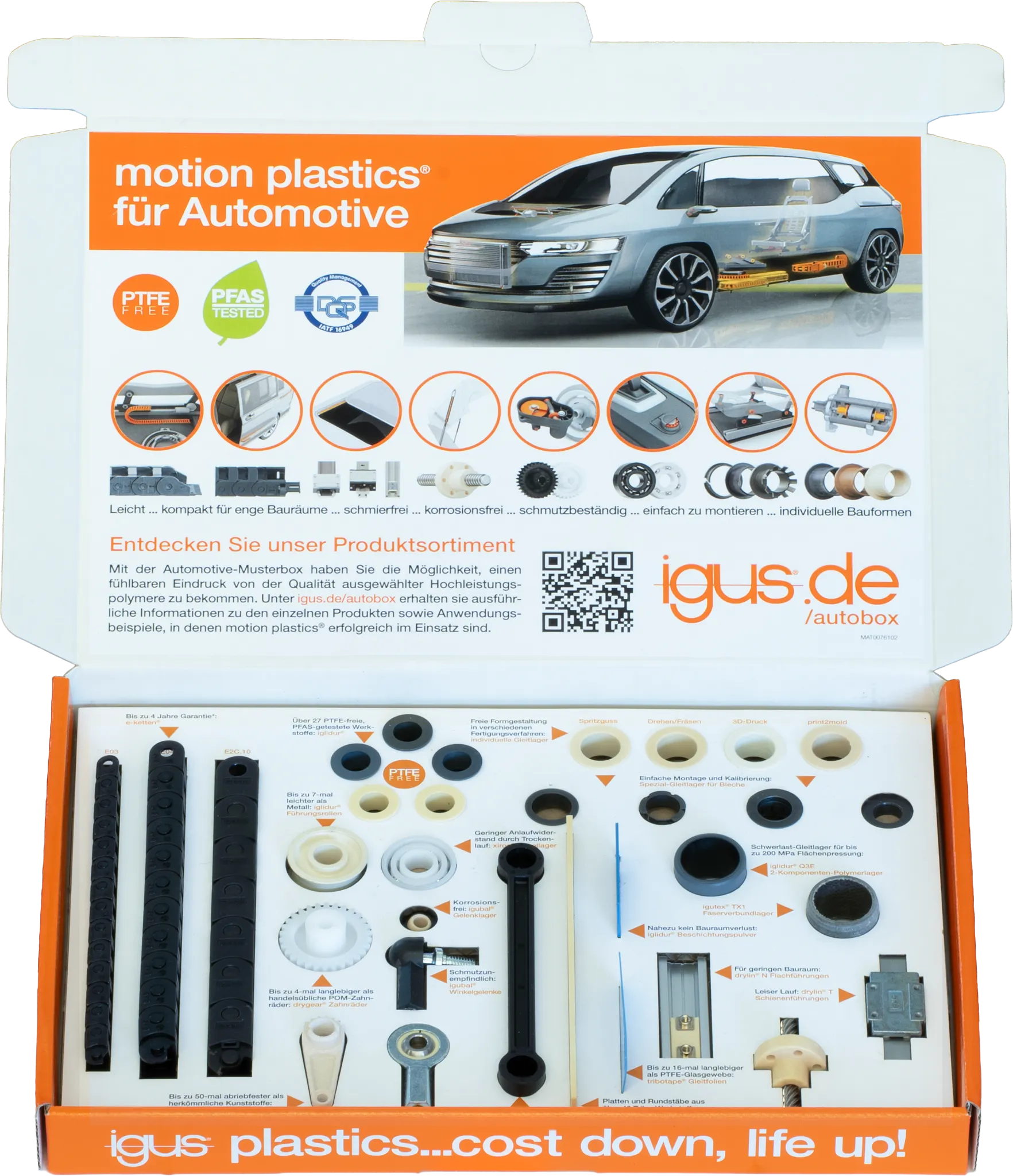 Musterbox für Automotive geöffnet mit Blick auf die Produkte