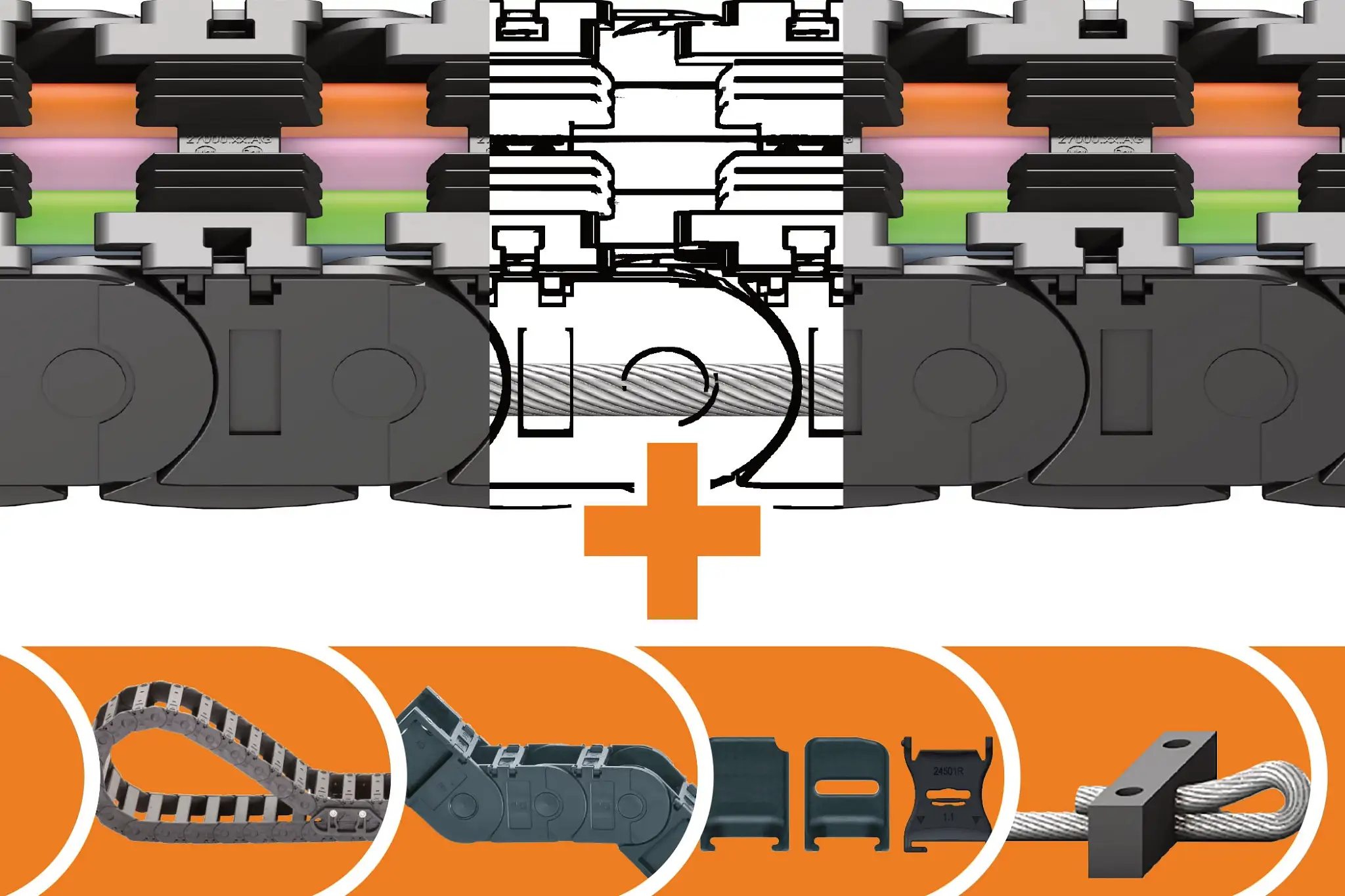 PACK.2600.07AG5.075.10000.01 product image <p><b>1 complete set consists of:</b></p><p>+ Mounting brackets for moving ends<br>+ Wire rope<br>+ Individual parts AG5 and AG<br>+ Energy chain<br>+ Fixed end module<br>+ Upper run guide<br>+ Cable tensioner unit<br>+ Track holder for AG<br>+ Separators for each 2nd link, pre-assembled</p>
