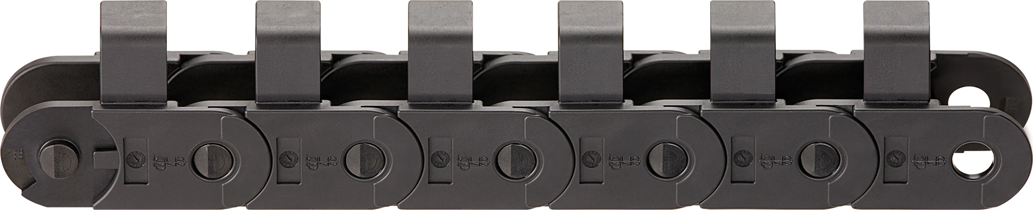 e-chain® with extender crossbars for guiding hydraulic hoses in construction machinery