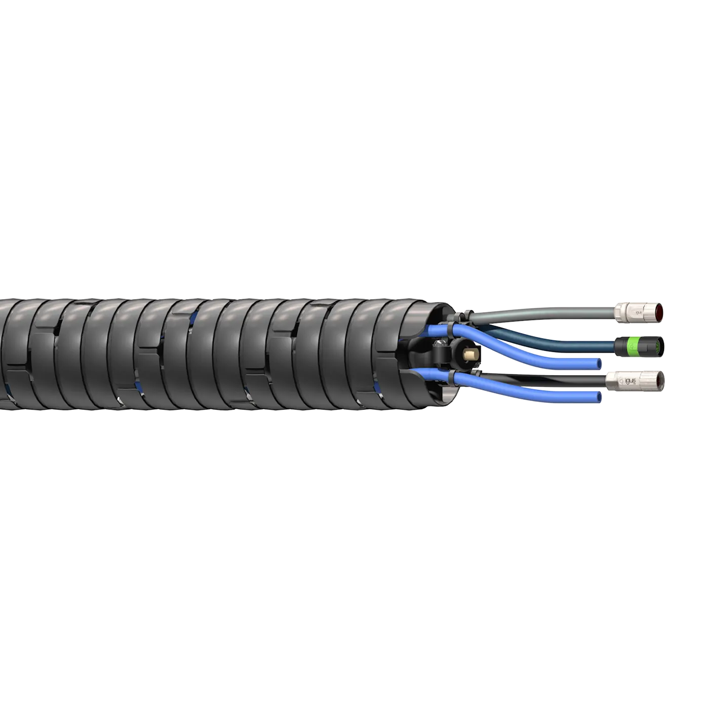 triflex R readychain mit Kabelschlauch und angeschlossenen Leitungen.