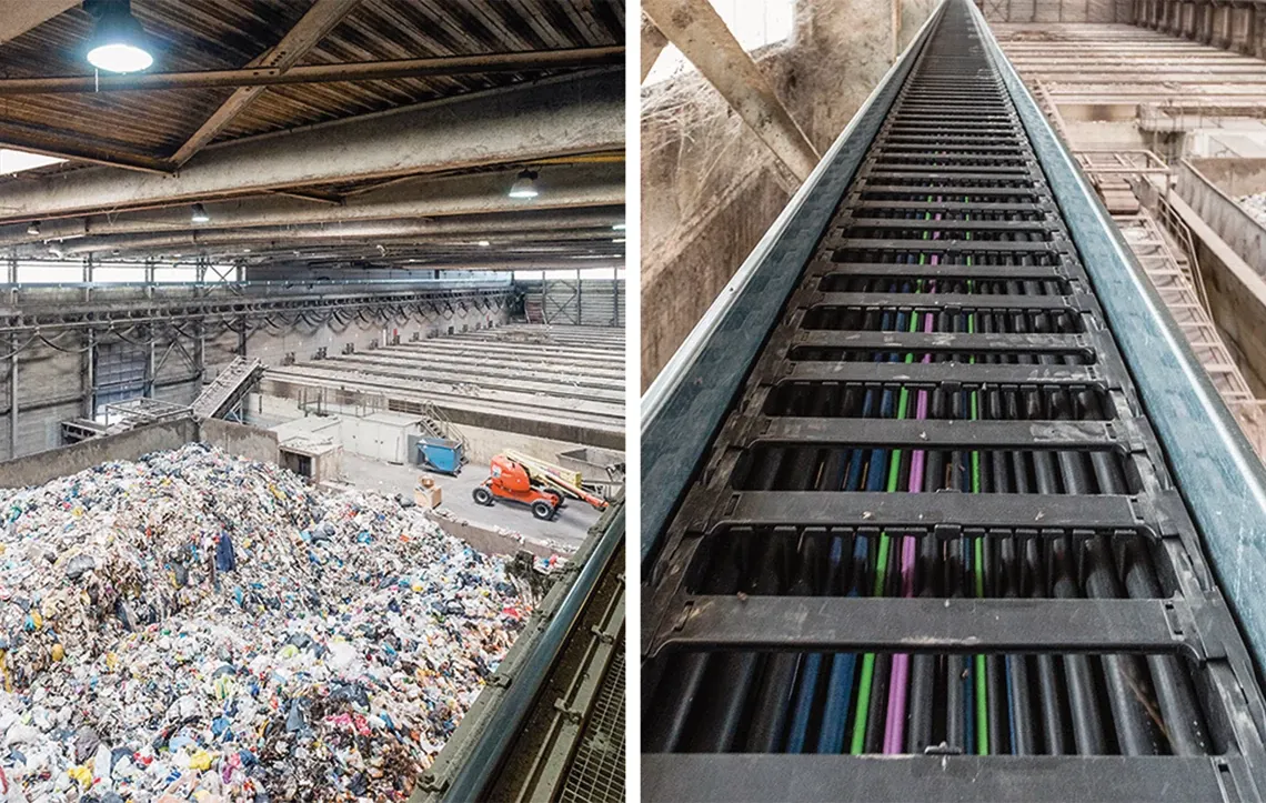 Cadena portacabls en grúa de procesamiento de residuos