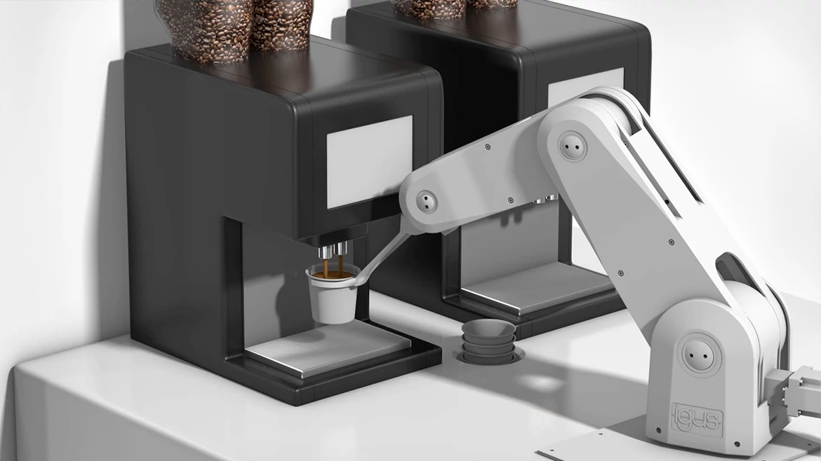Completely automated café with barista robot