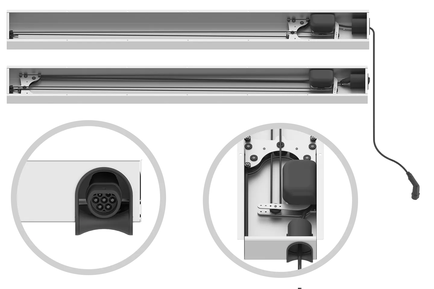 Verschiedene perspektivische Ansichten des Kabelmanagementsystems e-tract AC horizontal
