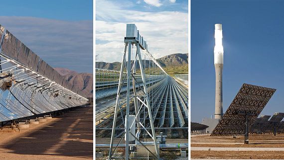 Parabolic trough power plant, Fresnel collectors and solar tower power plant