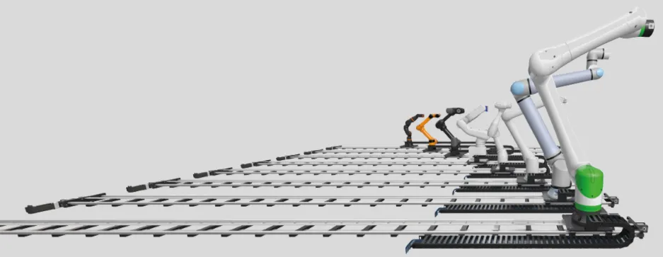 Multiple collaborative robots mounted on 7th axes, showing different robot models traveling along seventh-axis tracks for extended reach in industrial automation.