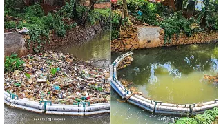 使用特殊設備收集到的河川塑膠垃圾以及清理後的河面