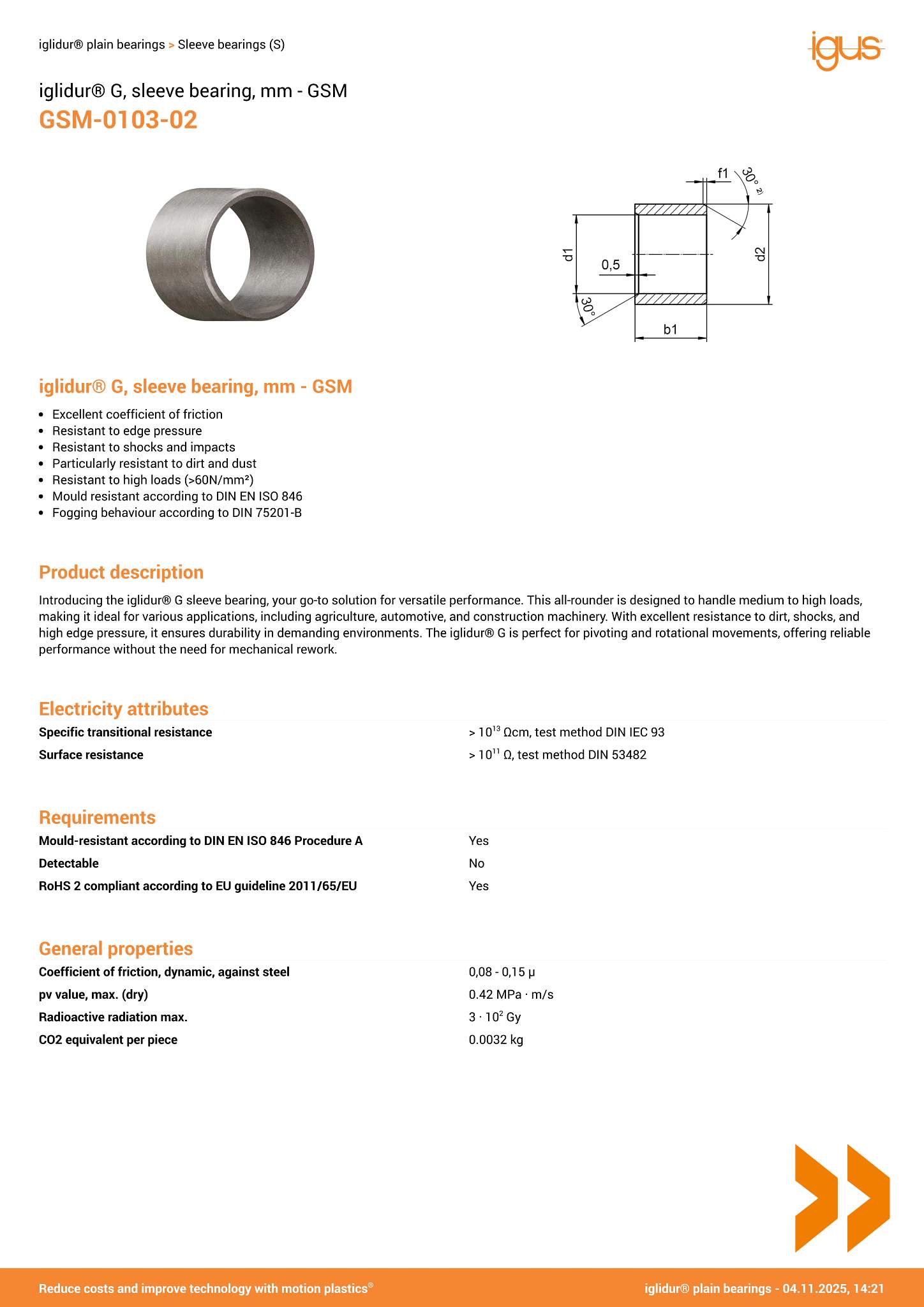 iglidur® G palier cylindrique, mm
