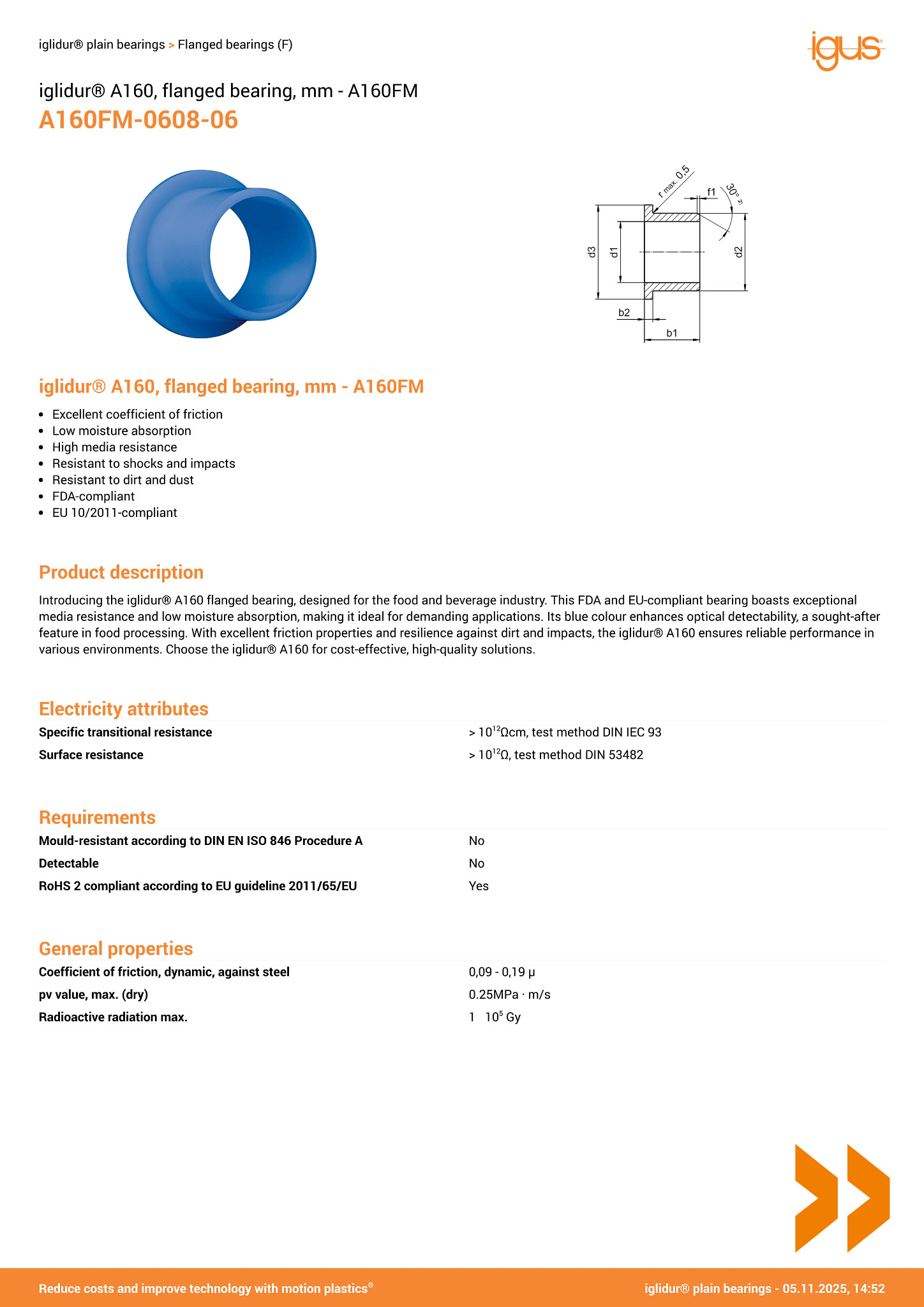 Iglidur G Gleitlager Mit Bund GFM-0608-35 – 6x8mm, Länge 35mm, Form F