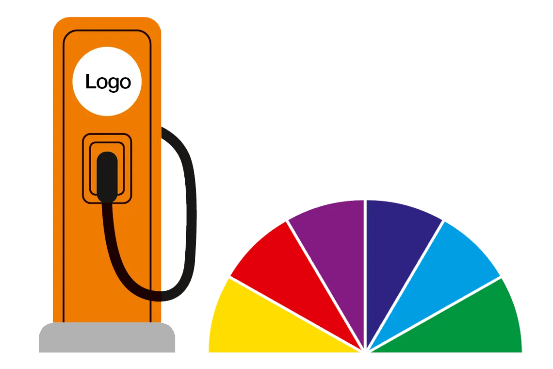 Piktogramm eines Farbfächers und einer E-Ladesäule mit Logo-Aufschrift