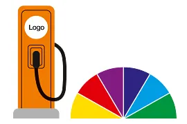 Piktogramm eines Farbfächers und einer E-Ladesäule mit Logo-Aufschrift