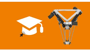 Robot delta dengan latar belakang oranye