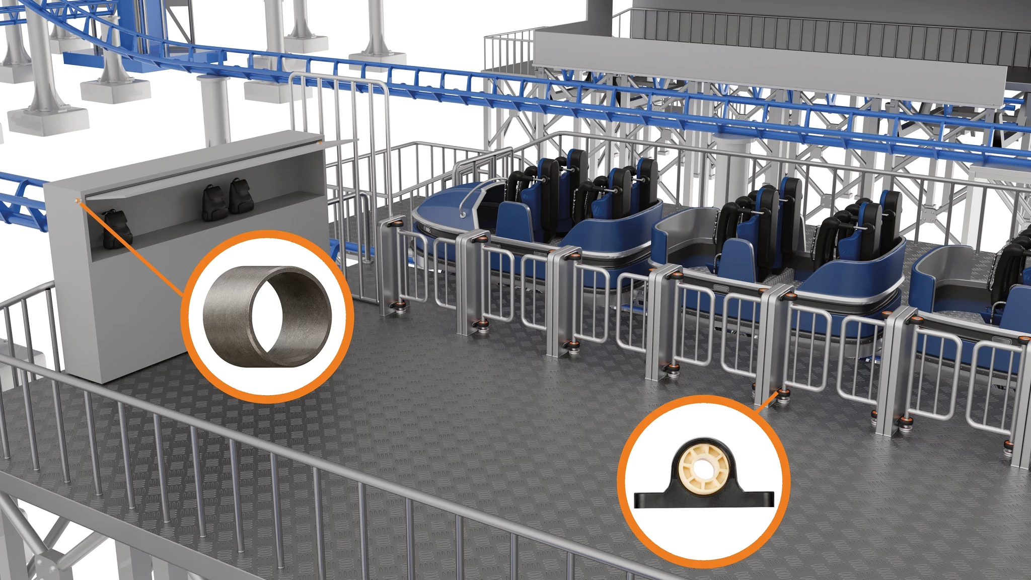 Zone d'accès à des montagnes russes avec des paliers iglidur et igubal