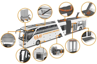 Coach and articulated bus with application locations for motion plastics
