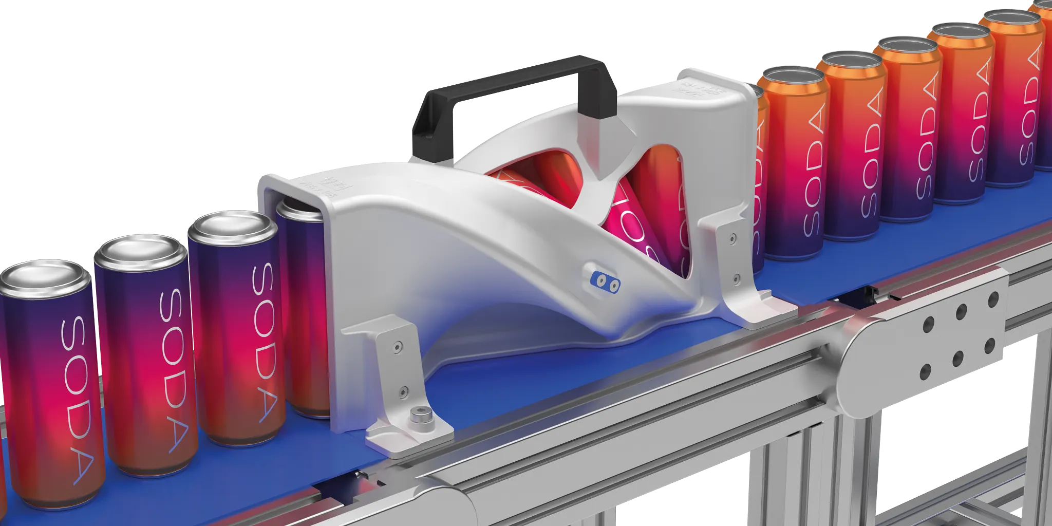 Produktwender, montiert an einem Fließband, und Dosen, die durch den Wender laufen und dabei durch die Form des Wenders um 180° gedreht werden.