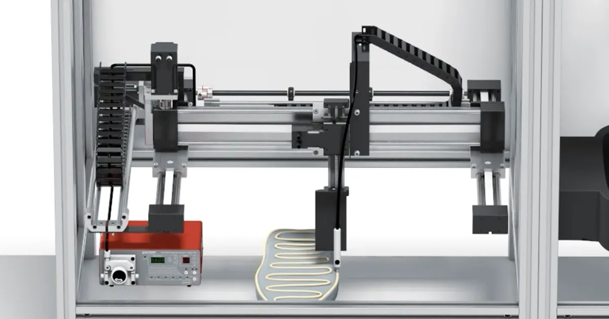 Three-axis gantry robot dispensing adhesive in a precise programmed pattern inside an automated assembly cell.