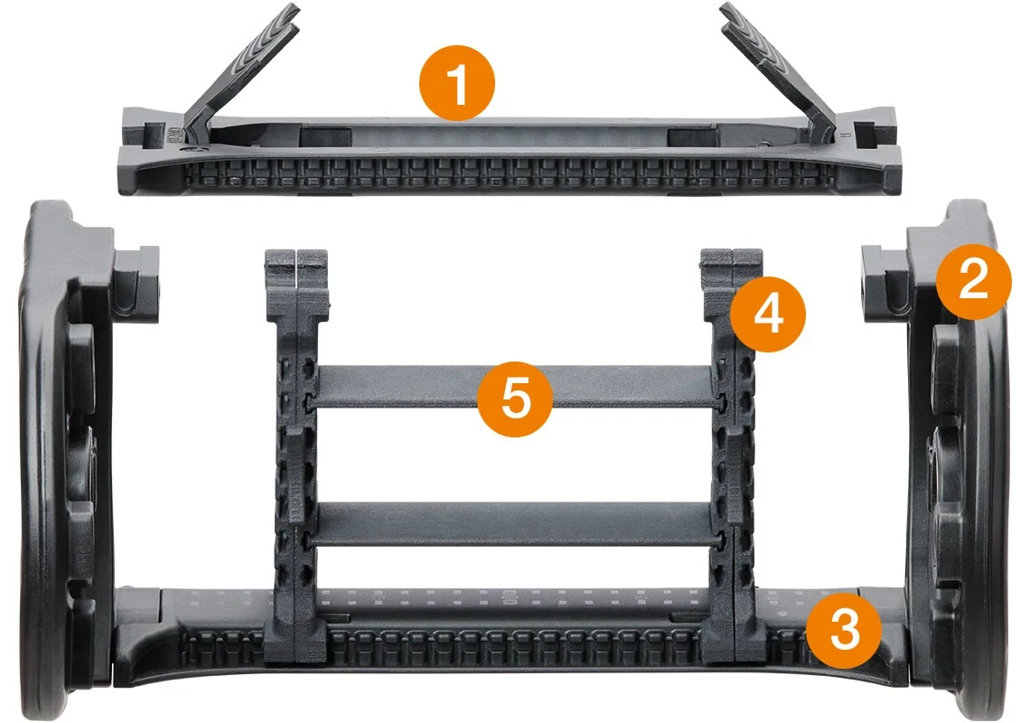 The components of an energy chain are crossbar, side link, separator and shelf