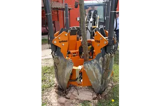 Les racines sont coupées nettes lorsque le transplanteur de mottes déterre l'arbre.