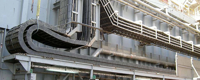 Robust energy chain moves cable for drill floor skid on drill ships