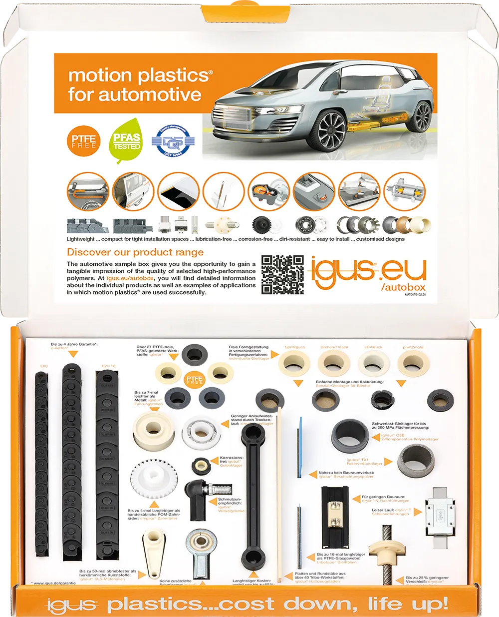 Sample box for the automotive industry opened, showing the products inside