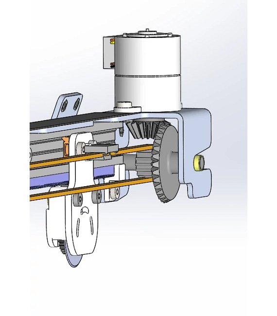 Rysunek CAD pokazuje kompaktową przestrzeń, w której zainstalowano złożoną jednostkę napędową.