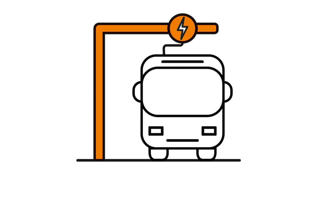 Piktogramm mit E-Bus an einer Überkopf-E-Ladestation