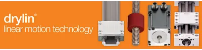 orange banner that says "drylin linear motion technology" in white letters and shows images of a motor, linear actuator, lead screw, and linear bearing