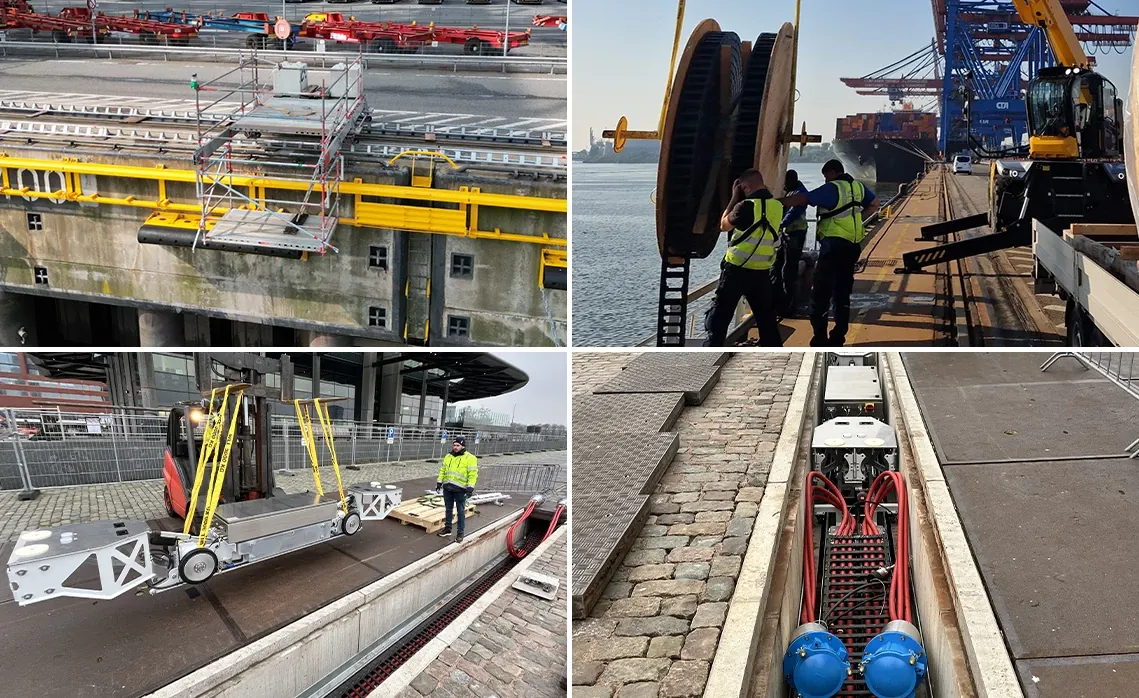 Collage mit dem Titel „Installations & Service“, die die Dienstleistungen der BU ShorePower zeigt: oben links Service- und Montagearbeiten an einer Hafen-/Schleusenanlage mit Gerüst und Arbeitsplattform; oben rechts Installation einer großen Kabeltrommel durch Techniker in Warnwesten am Kai vor Containerschiff und Kränen; unten links Transport und Positionierung von Komponenten per Gabelstapler unter Einweisung eines Mitarbeiters; unten rechts Einbau/Service an der Kabelinfrastruktur mit geöffnetem Bodenkanal, verlegten roten Kabeln und blauen Steckverbindern. Die Collage verdeutlicht das Leistungsangebot von ShorePower von Installation über Logistik bis zur Inbetriebnahme und Wartung.