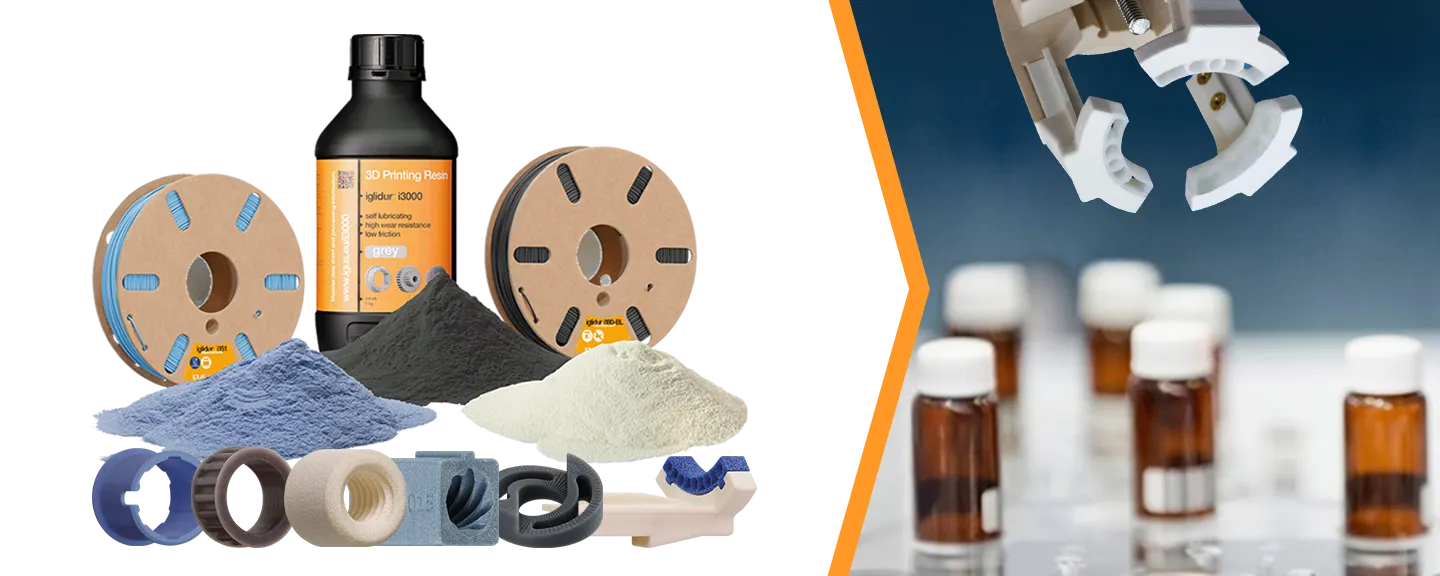 3D printing materials, 3D-printed special parts and grippers for handling medical vials
