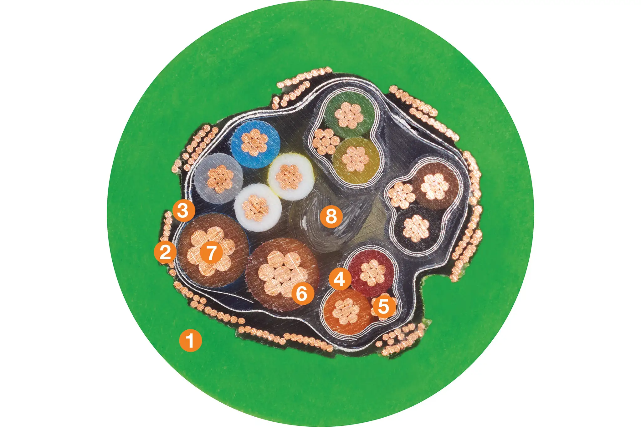 1. Outer jacket: pressure-extruded iguPUR mixture 2. Overall shield: braiding made of tinned copper wires 3. Shield film: aluminium-coated plastic foil 4. Banding: plastic foil 5. Stranded drain wire: strands made of tinned copper wires 6. Core insulation: mechanically high-quality TPE mixture 7. Conductor: strands made of bare copper wires 8. Strain relief: plastic centre element