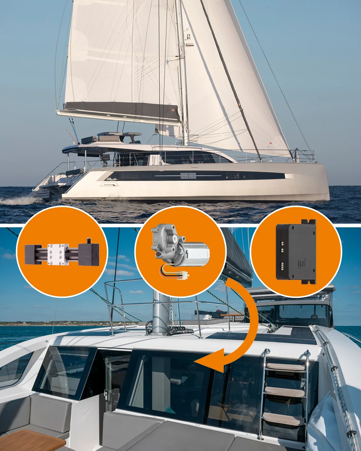 igus drivteknik och yacht med glaskilsfönster