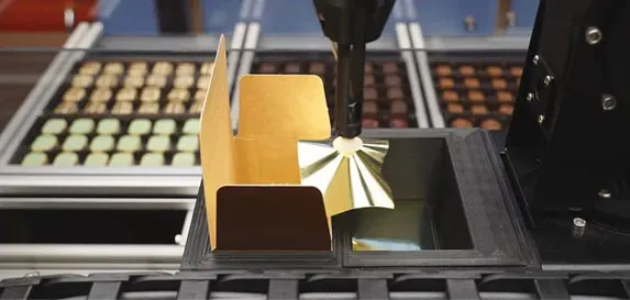 A low-cost robot arm from RBTX demonstrating an automation application by serving chocolates, showcasing how simple robotic solutions can handle everyday tasks.
