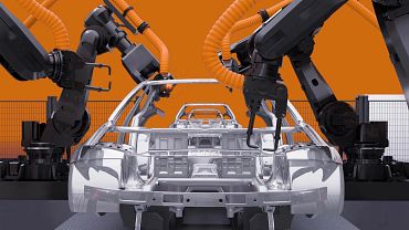 Robot công nghiệp với e-chains trong kết cấu thân xe