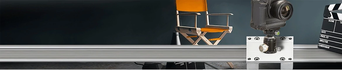 film director chair, DSLR camera, clapper, linear slide