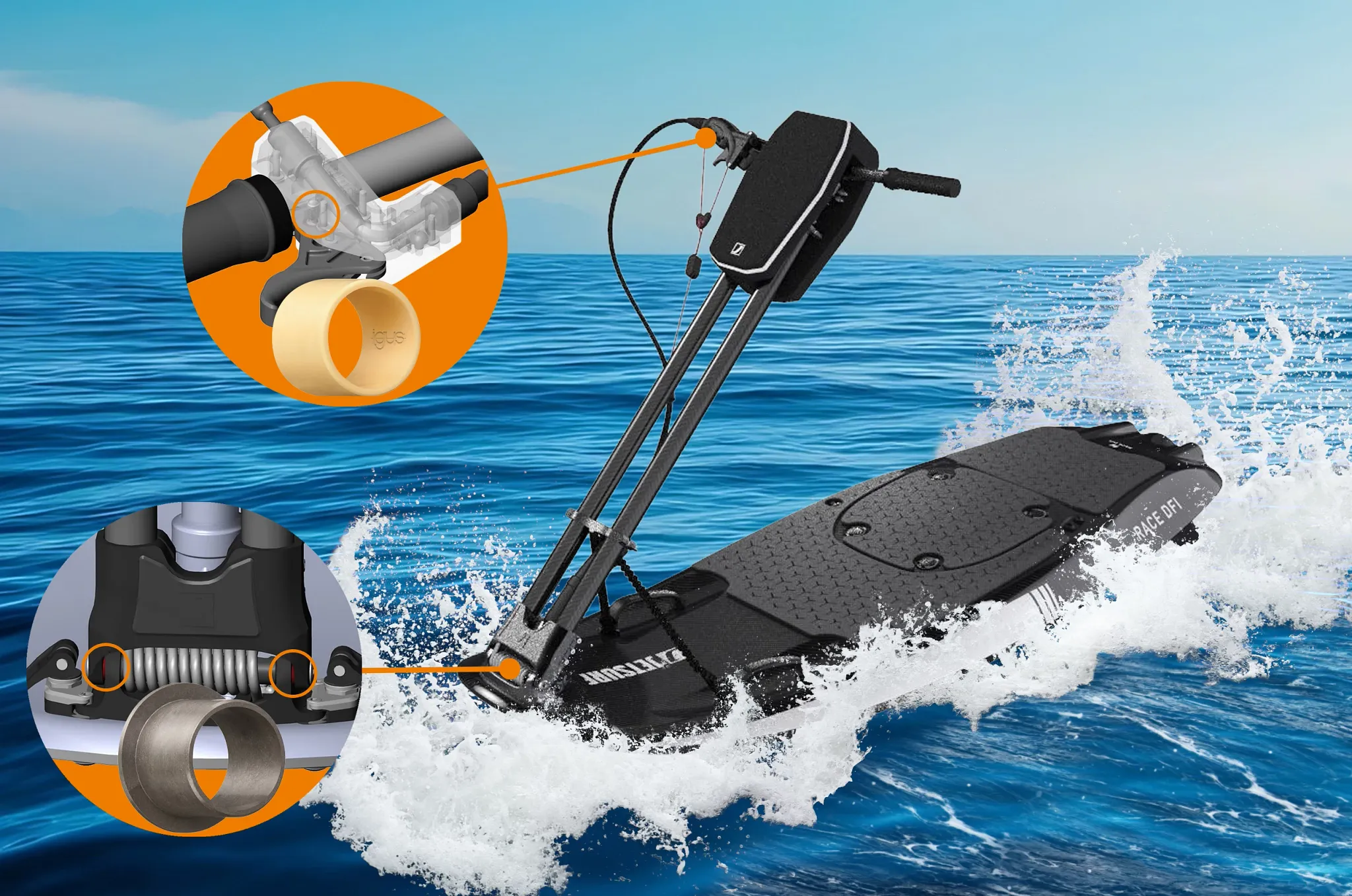 Die Polymerlager von igus leisten einen Beitrag dazu, dass der Jetsurf langlebiger, wartungsärmer und nachhaltiger ist